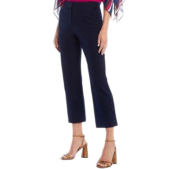 Trina Turk Sz 10 $278 Navy Ore Crop Ankle Buttons Dress Pants Worn Once Cotton - Picture 1 of 9